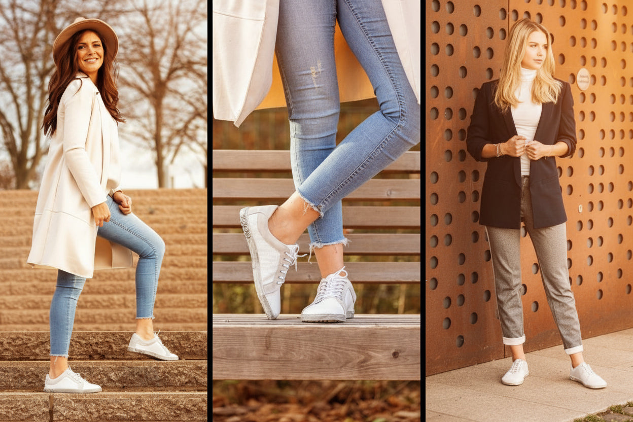 Drei Bilder zeigen Frauen in stylischen Outfits. Links: Frau mit Hut, langem Mantel und Jeans auf einer Treppe. Mitte: Nahaufnahme von weißen Turnschuhen und Jeans auf einer Bank. Rechts: Frau in Blazer und grauer Hose steht selbstbewusst neben einer Lochwand. Alle tragen weiße Turnschuhe.